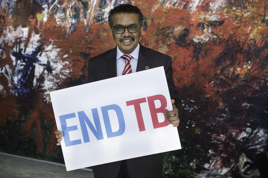 The Director-General Dr Tedros Adhanom Ghebreyesus at WHO headquarters in Geneva with a poster ENDTB, 6 October 2017. Title of officials and WHO staff reflects their respective positions at the time the photo was taken.
