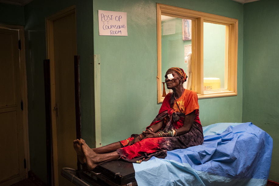 Kakuma, Kenya - 26 March, 2018: Patient Joyce before her cataract operation in her left eye in the pre-operation room of Kakuma Mission Hospital. This hospital in Northern Kenya is one of the few facilities in the region of Turkana where patients can have ophthalmologic consultation and eye related operations.