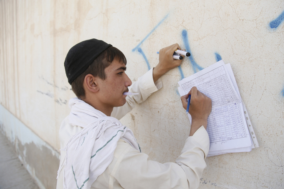 Polio vaccination campaign in Afghanistan.

A volunteer vaccinator tally his absentees list as they follow up with absent children in the field where they go mouth by mouth, house by house in every street to vaccine children under five years old against Polio.