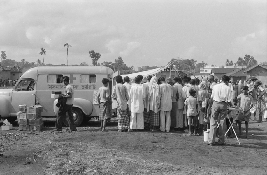 Leprosy was supposed to be highly contagious. It has been shown to be less so than tuberculosis. Segregation in leper colonies has been given up in favor of out-patient treatment. An anti-leprosy team visiting the suburbs of Calcutta, India.