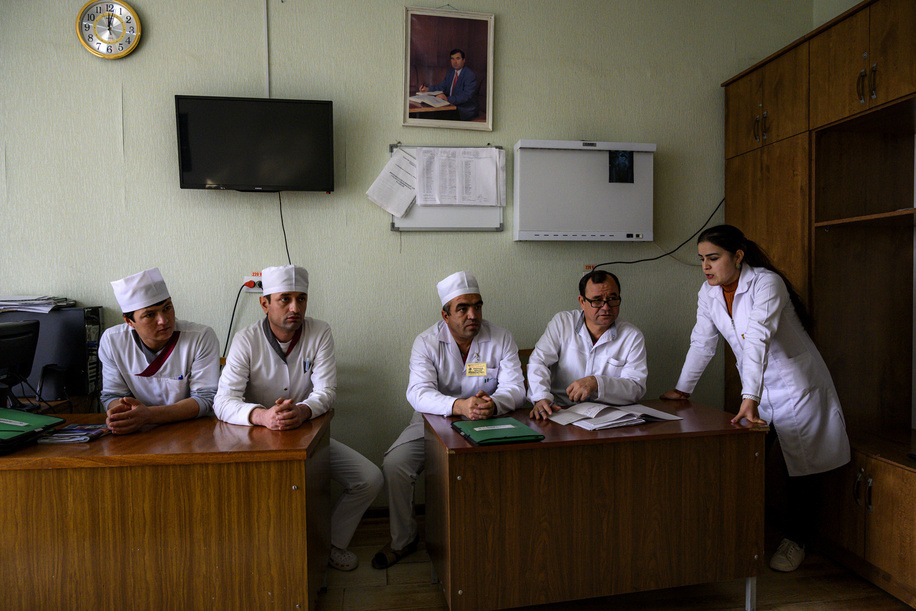 An Orthopedic Doctor during a discussion with his medical staff at the Republican Medical Health Center in Dushanbe, Tajikistan.
