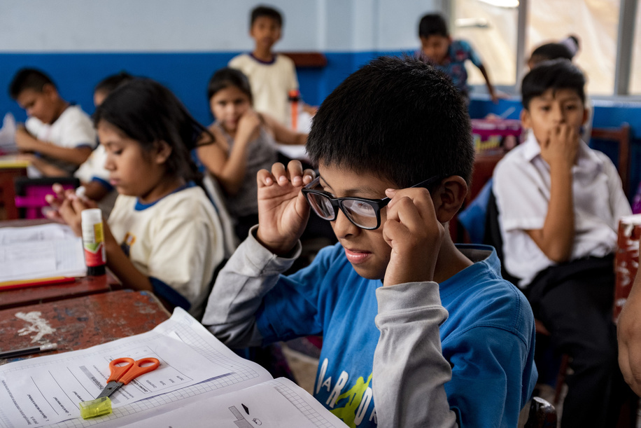 Lima - 22 March, 2018: Samir Gustavo Rosales Lopez trying his new glasses at his school, Ramiro Prialé Educational Institution in Lima.