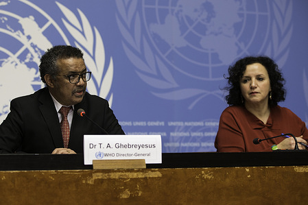 WHO Director-General Dr Tedros Adhanom Ghebreyesus discuss his first 7 months in office and outline the Organization’s priorities for the next 5 years at UNOG premises.  WHO Spokesperson Fadéla Chaib is at his side. Title of WHO staff and officials reflects their respective position at the time the photo was taken.