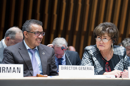 WHO Director-General, Dr Tedros Adhanom Ghebreyesus and WHO Regional Director for Europe, Dr Zsuzsanna Jakab at the Executive Board, Special session on the Draft Thirteenth General. https://www.who.int/news-room/events/detail/2017/11/22/default-calendar/4th-special-session-of-the-who-executive-board Title of WHO staff and officials reflects their respective position at the time the photo was taken.