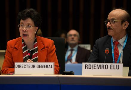 The 140th WHO Executive Board took place in HQ headquarters Geneva between 23 January and 1 February 2017. The WHO Executive Board is composed of 34 members technically qualified in the field of health. Members are elected for a 3-year term. During this meeting, WHO’s Executive Board drow up a short list of 5 candidates on Tuesday 24 January. The following day the Executive Board members  interviewed the 5 candidates, and up to 3 of them went forward to the World Health Assembly in May 2017.   Picture of WHO Director-General, Dr Margaret Chan and the recently elected WHO Regional Director for the Eastern Mediterranean, Dr Mahmoud M Fikri, as from 1 February 2017. https://apps.who.int/mediacentre/events/2017/eb140/en/index.html - Title of WHO staff and officials reflects their respective position at the time the photo was taken.  