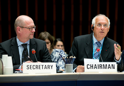 At the Sixty-eighth World Health Assembly in May 2015, Member States set a mandate for a Review Committee of the International Health Regulations (IHR).  The Committee will assess the effectiveness of the Regulations with regard to the prevention, preparedness and response to the Ebola outbreak. It will also look at links to the Emergency Response Framework and other humanitarian responsibilities of WHO.  The Committee will be recommending steps to improve the functioning, transparency, effectiveness and efficiency of the Regulations, and to strengthen preparedness and response for future emergencies with health consequences. The Review Committee on the Role of the International Health Regulations (2005) in the Ebola Outbreak and Response consists of experts with a broad mix of scientific expertise and practical experience in public health, security, law and trade. The members are some of the leading experts in the world in their respective fields and will act in their personal capacities. https://www.who.int/news-room/events/detail/2015/08/24/default-calendar/first-meeting-of-the-review-committee-on-the-role-of-the-international-health-regulations-(2005)-in-the-ebola-outbreak-and-response President of the Evaluation Agency for Research and Higher Education (Paris, France) and Chairman of the Committee Professor Didier Rousin (on the right). - Title reflects the respective position of the subject at the time the photo was taken.