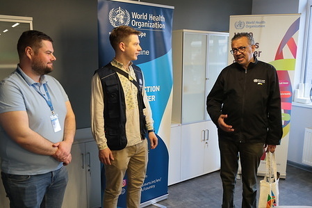 WHO Director-General Dr Tedros Adhanom Ghebreyesus meets with WHO Country Office for Ukraine staff at the WHO Office in Kyiv, Ukraine on 07 May 2022. Title of WHO staff and officials reflects their respective position at the time the photo was taken.