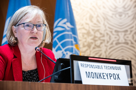 Dr Rosamund Lewis, head of the smallpox secretariat in the WHO Health Emergencies Programme and technical lead on monkeypox, speaks during a technical briefing about the multi-country monkeypox outbreak during the 75th World Health Assembly on 27 May 2022.