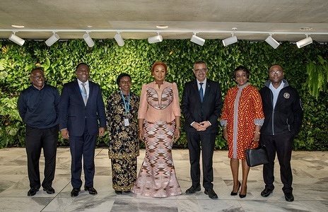 On 7 October 2022, WHO Director-General Dr Tedros Adhanom Ghebreyesus met with Her Excellency Samira Bawumia, Ghana's Second Lady, ahead of the 2nd Meeting of the High-Level Coalition on Health and Energy at WHO headquarters in Geneva, Switzerland. After the meeting, the Second Lady met with members of the Ghanian community at WHO. Related: Director-General's https://www.who.int/director-general/speeches/detail/who-director-general-s-opening-and-concluding-message-at-the-2nd-meeting-of-the-high-level-coalition-on-health-and-energy---7-october-2022 at the 2nd Meeting of the High-Level Coalition on Health and Energy. - Title of WHO staff and officials reflects their respective position at the time the photo was taken.