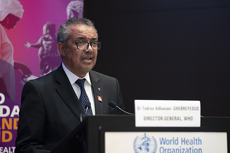 WHO Director-General Dr Tedros Adhanom Ghebreyesus speaks during a World Polio Day event at WHO headquarters in Geneva.  From 21 - 22 October 2022, experts in polio, vaccines and maternal and child health came together for "World Polio Day 2022 and Beyond: A healthier future for mothers and children." Read the https://www.who.int/director-general/speeches/detail/who-director-general-s-remarks-at-the-world-polio-day-2022-and-beyond-event----21-october-2022 from the event. https://www.who.int/news-room/events/detail/2022/10/21/default-calendar/world-polio-day-2022-and-beyond--a-healthier-future-for-mothers-and-children - Title of WHO staff and officials reflects their respective position at the time the photo was taken.