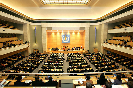 The 58th World Health Assembly (WHA58) is held at the Palais des Nations in Geneva, Switzerland (16 to 26 May 2005) Guest speakers at the World Health Assembly were: His Excellency, Mr Maumoon Abdul Gayoom, President of the Maldives, Bill Gates, Co-Founder of the Bill and Melinda Gates Foundation and Ms Ann Veneman, the new Executive Director of UNICEF. View of the Assembly Hall at the Palais des Nations in Geneva.   - Title of WHO staff and officials reflects their respective position at the time the photo was taken.