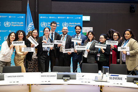 A group photo with delegates from the Americas at the end of the 152nd session of the WHO Executive Board at WHO headquarters in Geneva, Switzerland, on 7 February 2023. Related: https://www.who.int/about/governance/executive-board/executive-board-152nd-session