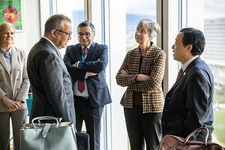 WHO Director-General Dr Tedros Adhanom Ghebreyesus (left) greets FAO Director-General QU Dongyu (right) and WOAH Director-General Monique Eloit (centre) ahead of the opening session of the 1st Quadripartite Executive Annual Meeting on 27 March 2023 at WHO headquarters in Geneva, Switzerland.  The Quadripartite organizations are the Food and Agriculture Organization of the United Nations (FAO), UN Environment Programme (UNEP), World Health Organization (WHO) and World Organisation for Animal Health (WOAH). The organizations work collaboratively to advance and sustainably scale up One Health to address health challenges at the human–animal–plant–environment interface.  Read more: https://www.who.int/news-room/events/detail/2023/03/27/default-calendar/1st-quadripartite-executive-annual-meeting