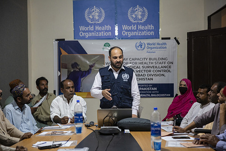 On 14 March 2023, WHO's Muhammad Qasim Khan conducts a capacity-building workshop for health staff on entomological surveillance and malaria vector control in Naseerabad. The workshop was supported by WHO.  The 2022 floods resulted in the worst malaria outbreak in Pakistan since 1973. In response, international health organizations such as WHO and the Global Fund came together with local governments and NGOs to combat the malaria outbreak and help address the extraordinary scale of need. The response drew on both the oldest and newest interventions in the anti-malaria tool kit. In the makeshift refugee camps, nets were distributed, tents (and what houses remained) were sprayed with insecticides, and mass drug administration campaigns were conducted to quickly treat as many people as possible.   Related: https://www.who.int/news-room/feature-stories/detail/It-was-just-the-perfect-storm-for-malaria-pakistan-responds-to-surge-in-cases-following-the-2022-floods