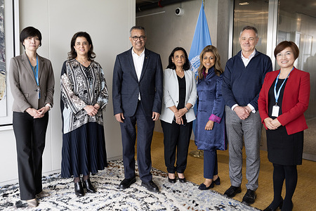WHO Director-General Dr Tedros Adhanom Ghebreyesus and members of the WHO senior leadership team on 8 May 2023.