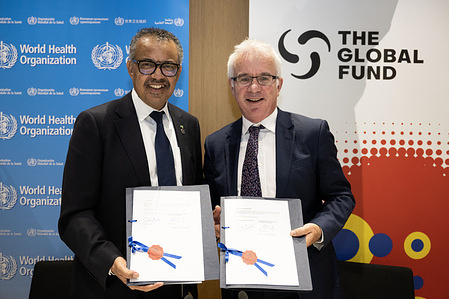 On 8 June 2023 WHO and the Global Fund to Fight AIDS, Tuberculosis and Malaria (the Global Fund) signed a new and revised Strategic Framework for Collaboration, designed to build stronger and more resilient health systems and maximize collaboration and impact in support of country, regional and global responses to major communicable diseases.  Pictured here: WHO Director-General Dr Tedros Adhanom Ghebreyesus (left); Peter Sands, Executive Director of The Global Fund to Fight AIDS, Tuberculosis and Malaria (right). Related press release: https://www.who.int/news/item/08-06-2023-who-and-the-global-fund-announce-commitment-for-enhanced-collaboration