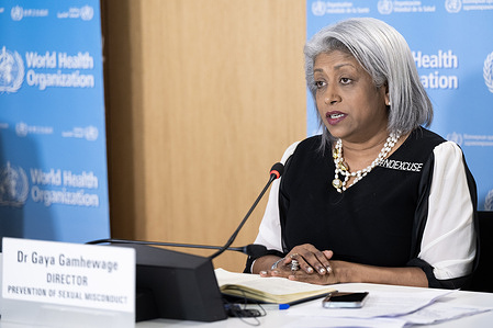 WHO held a Member State briefing followed by a virtual press conference to provide an update on WHO's work to prevent and respond to sexual misconduct on 7 July 2023. Pictured here: Dr Gaya Gamhewage, WHO Director, Prevention of and Response to Sexual Misconduct, during the virtual press conference. Related:  Watch the https://www.youtube.com/live/rpO5OxELTcw?feature=share https://www.who.int/director-general/speeches/detail/who-director-general-s-opening-remarks-at-the-quarterly-briefing-for-member-states-on-prevention-of-and-response-to-sexual-misconduct-7-july-2023 https://www.who.int/initiatives/preventing-and-responding-to-sexual-exploitation-abuse-and-harassment