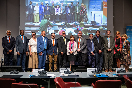 On 13 July 2023 WHO and the Food and Agriculture Organization of the United Nations (FAO) held an event to mark WHO's 75th anniversary and the 60th anniversary of the joint FAO/WHO Codex Alimentarius programme. Pictured here: A group photo with Raj Rajasekar (Vice-Chair, Codex Alimentarius Commission), Allan Azegele (Vice-Chair, Codex Alimentarius Commission), Sarah Cahill (Senior Food Standards Officer, FAO), Moez Sanaa (WHO Unit Head, Standards and Scientific Advice on Food and Nutrition Unit ), Diego Varela (Executive Secretary of the Chilean Agency for Food Safety and Quality), J. Emilio Esteban (US Under Secretary of Agriculture for Food Safety and former Chairperson of the Codex Committees on Food Hygiene), Dr Ailan Li (WHO Assistant Director-General, Universal Health Coverage, Healthier Populations), Steve Wearne (Chairperson of the Codex Alimentarius Commission), Francesco Branca (WHO Director, Nutrition and Food Safety Department), Tom Heilandt (Secretary, Codex Alimentarius), Markus Lipp (Senior Food Safety Officer, FAO), Hilde Kruse (Senior Food Standards Officer, Codex Secretariat) and Majlinda Lahaniatis (Deputy Director, German Federal Institute for Risk Assessment).  Related: https://www.who.int/news-room/events/detail/2023/07/13/default-calendar/who75th-and-codex60th-anniversary-of-the-joint-fao-who-codex-alimentarius-programme