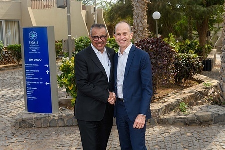 WHO Director-General Dr Tedros Adhanom Ghebreyesus (left) with WHO Cabo Verde Representative Daniel Kertesz (right) at UN House in Praia on 12 January 2024 during a visit to mark Cabo Verde's elimination of malaria. Related: https://www.who.int/news/item/12-01-2024-who-certifies-cabo-verde-as-malaria-free--marking-a-historic-milestone-in-the-fight-against-malaria  