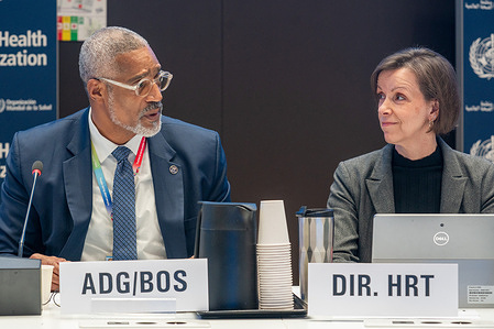 Jennifer Linkins, WHO Director of Human Resources and Talent Management (right) and Raul Thomas, Assistant Director-General, Business Operations (left) at the 154th session of the WHO Executive Board at WHO Headquarters in Geneva, Switzerland, on 27 January 2024.  Related:  https://www.who.int/about/accountability/governance/executive-board/executive-board-154th-session
