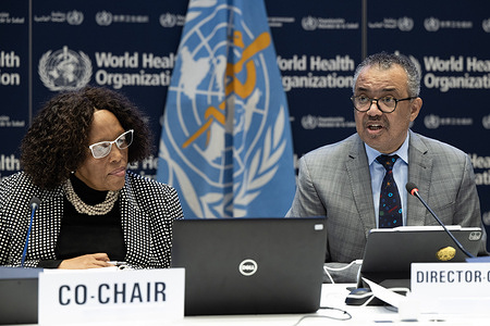 On 18 March 2024, WHO Director-General Dr Tedros Adhanom Ghebreyesus opened the ninth meeting of the Intergovernmental Negotiating Body (INB) for a WHO instrument on pandemic prevention, preparedness and response, which was held in WHO headquarters in Geneva, Switzerland. Pictured here: Dr Tedros and INB Co-Chair Dr Precious Matsoso of South Africa. Related:  https://www.who.int/director-general/speeches/detail/who-director-generals-opening-remarks-at-the-ninth-meeting-of-the-intergovernmental-negotiating-body-18-march-2024 https://www.who.int/news-room/events/detail/2024/03/18/default-calendar/ninth-meeting-of-the-intergovernmental-negotiating-body-(inb)-for-a-who-instrument-on-pandemic-prevention-preparedness-and-response https://inb.who.int/