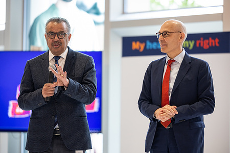 On 8 April 2024 at WHO Headquarters in Geneva, Switzerland, a commemoration event was held to mark World Health Day 2024, with the theme "My health, my right." Pictured here: WHO Director-General Dr Tedros Adhanom Ghebreyesus (left) and the UN High Commissioner for Human Rights Mr Volker Türk (right). 