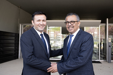 On 5 April 2024 at WHO Headquarters in Geneva, Switzerland, WHO Director-General Dr Tedros Adhanom Ghebreyesus met with Eldiyor Toshmatov, the new Permanent Representative of Uzbekistan to the UN Office in Geneva and other International Organizations. Posting on X after the meeting, Dr Tedros said: " Welcome to Geneva and @WHO , Ambassador Eldiyor Toshmatov. Thank you for a fruitful meeting on https://twitter.com/hashtag/Uzbekistan?src=hashtag_click 's effort to improve maternal and child health, as well as to achieve #HealthForAll. We also welcome your active participation in the https://twitter.com/hashtag/PandemicAccord?src=hashtag_click negotiations. I look forward to working closely with you, and to visiting your beautiful country. Together!"