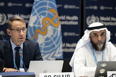Co-Chairs Dr Abdullah Asiri of Saudi Arabia and Dr Ashley Bloomfield of New Zealand at the opening of the eighth meeting of the Working Group on Amendments to the International Health Regulations (2005) ( WGIHR) at WHO Headquarters in Geneva, Switzerland, on 22 April 2024.  Related:  https://www.who.int/news-room/events/detail/2024/04/22/default-calendar/eighth-meeting-of-the-working-group-on-amendments-to-the-international-health-regulations-(2005)