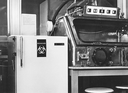 Sealed refrigerator at the WHO Collaborating Centre on Smallpox and Related Infections in Moscow, where variola virus strains are stored.