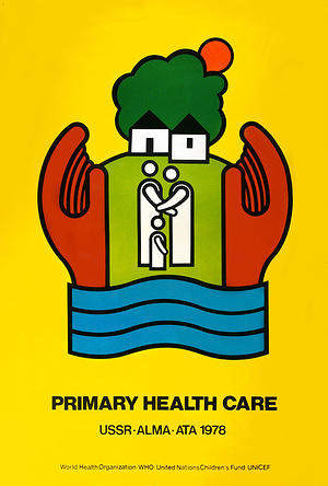 Convened by WHO and UNICEF, the International Conference on Primary Health Care, which met at Almaty, Kazakhstan (at that time Alma-Ata, USSR), in September 1978, adopted a declaration which calls for urgent and effective international and national action to develop and implement primary health care throughout the world and particularly in developing countries. Official poster for the International Conference on Primary Health Care, Alma-Ata, USSR, 6-12 September 1978.