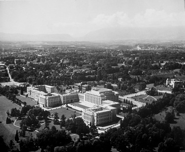 WHO ex-headquarters at the Palais des Nations in Geneva Aerial view of the Palais des Nations. - c.1950