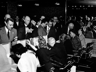 The International Health Conference was held in New York from 19 June to 22 July 1946. In four and a half weeks the Conference succeeded in producing: the Constitution of the World Health Organization ; a protocol for the termination of the Rome Agreement of 9 December 1907 and the performance by the Organization, or the Interim Commission, of the duties and functions of the Office International d'Hygiène Publique (OIHP) ; and an arrangement for the setting-up of an Interim Commission to make preparations for the First World Health Assembly, to carry on without interruption the surviving activities of the League of Nations Health Organisation and those of the OIHP and United Nations Relief and Rehabilitation Administration (UNRRA), and to perform other urgent duties pending the final establishment of the Organization. The International Health Conference, held in New York, June - July 1946. Presenting credentials. - Title of WHO staff and officials reflects their respective position at the time the photo was taken.