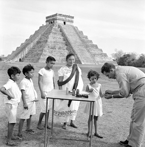 In Mexico, malaria eradication reached an advanced stage in the early sixties. One of the areas where regular insecticide spraying went on was the State of Yucatan famous for its well preserved Maya monuments. The health teams covered the region on horseback. A little Mexican girl giving sample of her blood for a test.