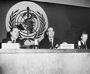 Eighth World Health Assembly (WHA8), Mexico, D.F., 10 - 27 May 1955 From left to right: Dr Marcolino G. Candau, Director-General of the World Health Organization and Dr Ignacio Morones Prieto (Mexico), President of the Eighth World Health Assembly. - Title of WHO staff and officials reflects their respective position at the time the photo was taken.