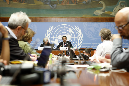 Dr Tedros Adhanom Ghebreyesus responding to questions from journalists, during the post-election press conference.