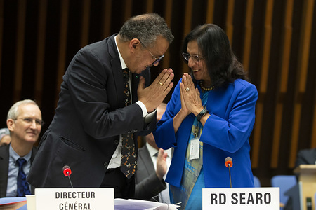 WHO Director-General, Dr Tedros Adhanom Ghebreyesus and WHO Regional Director for South-East Asia, Dr Poonam Khetrapal Singh. She is currently serving her second five-year term in office following unanimous reelection by the Regions 11 Member States in September 2018. The 144th Session of the WHO Executive Board formally appointed her to the position on 26 January 2019. Title of the WHO staff and officials reflects their respective position at the time the photo was taken.