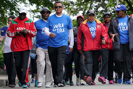 WHO Director-General Dr Tedros Adhanom Ghebreyesus with the First Lady of Kenya H.E. Mrs Margaret Kenyatta, the special guest at the WHO Walk the Talk. “Physical activity has always been the lifelong secret to healthy lives and longevity for the people and communities around the world,” Mrs Kenyatta said. “That is why for years now, through Beyond Zero marathons, I have spelled out the case for wellness and heathy life choices to prevent lifestyle diseases and encouraged people to engage in physical activity.”  “The Walk the Talk: The Health for All Challenge. organized by the World Health Organization, is in line with my belief that physical activity improves the physical and mental health as well as the quality of life of individuals.” “It is for this reason that on Sunday, 19 May 2019, I will join thousands of people from all walks of life to promote Health for All, encourage healthy life choices and celebrate the importance of moving for health.” Mrs Kenyatta is a leading advocate for HIV prevention and the promotion of women and adolescent health, as well as a keen runner, participating in several long-distance events, including the London Marathon. WHO staged the inaugural edition of the Walk the Talk: The Health for All Challenge in 2018, attracting more than 4000 people from the Geneva public, local institutions and delegates to the World Health Assembly. This free event is open to people of all ages and abilities, and involves three connected routes of three, five and eight kilometres. - Title of WHO staff and officials reflects their respective position at the time the photo was taken.