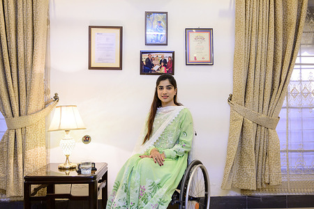 Patient and her family home. Few years ago she had an accident at a friend's wedding and got a severe spinal cord injury that has affected the mobility of her legs. Three months after the accident she went back to the medical school and graduated. Then she got a specialization in radiology and she is currently working half-time in a Hospital in Rawalpindi, near Islamabad. - Sana Hafeez, WHO Champion for assistive technology, told her story at the World Health Assembly : https://www.who.int/news-room/detail/22-05-2018-sana-hafeez-who-champion-for-assistive-technology-told-her-story-at-the-world-health-assembly