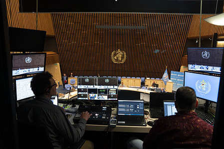 Seventy-third World Health Assembly, Geneva, Switzerland, 18-19 May 2020 (de minimis). The World Health Assembly will reconvene later in the year. A view of the audio-visual operations booth during the closing session of the 73rd World Health Assembly — 19 May 2020