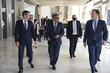 WHO Director-General Dr Tedros Adhanom Ghebreyesus hosts a visit from Germany Federal Minister of Health Jens Spahn and France Minister for Solidarity and Health Olivier Veran on Thursday 25 June 2020. - WHO Director-General Dr Tedros Adhanom Ghebreyesus (middle) with Germany Federal Minister of Health Jens Spahn (right) and France Minister for Solidarity and Health Olivier Veran (left). Title reflects the respective position of the subject at the time the photo was taken.