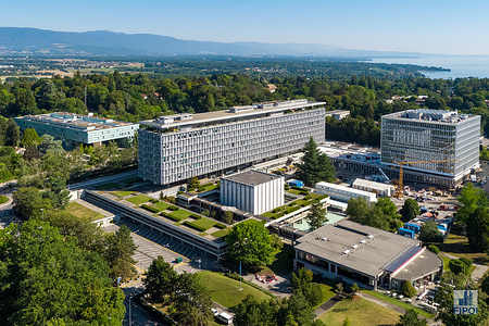 Aerial view of WHO headquarters buildings: main building, EB room and new building under construction