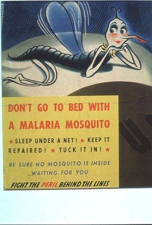 Health Education & Messages: A poster produced during the Second World War; "Don't go to bed with a mosquito, sleep under a net!" (Courtesy of Wellcome Trust).