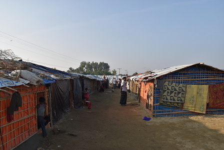 Rows of shelters clustered together in the Shaplapur refugee camp.