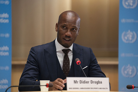 Didier Drogba during the ambassadorship announcement event at WHO’s Geneva headquarters. - Football legend Didier Drogba is announced as the World Health Organization's Goodwill Ambassador for Sport and Health on 18 October 2021. Drogba, from Côte d’Ivoire, will support WHO to promote the Organization’s guidance on the benefits of physical activity and other healthy lifestyles, and highlight the value of sports, particularly for youth. Read more https://www.who.int/news/item/18-10-2021-football-champion-didier-drogba-appointed-world-health-organization-ambassador-for-sports-and-health . Title reflects the respective position of the subject at the time the photo was taken.